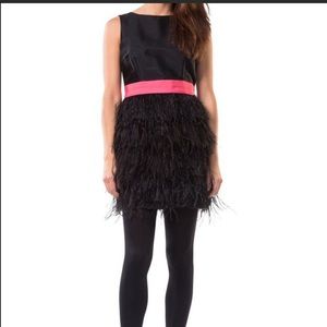 Sail to Sable Black Feather Mini Dress with Pink Waist Sash